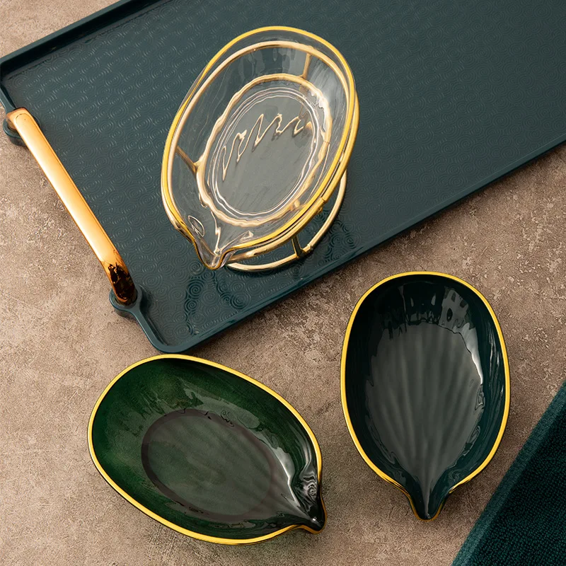 Leaf Shape Soap Dish Holder,Soap Dish Holder With With Golden Metal Stand,Elevated Soap Dry Dishes