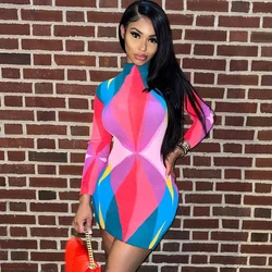 Trendy beautiful dress contrast color pretty printed O-neck long sleeves see through slim fit short dress for women