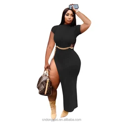 Wholesale Casual Pure Color Short Sleeve High Slit Chains Belted Maxi Dress Elegant Summer Dresses Women