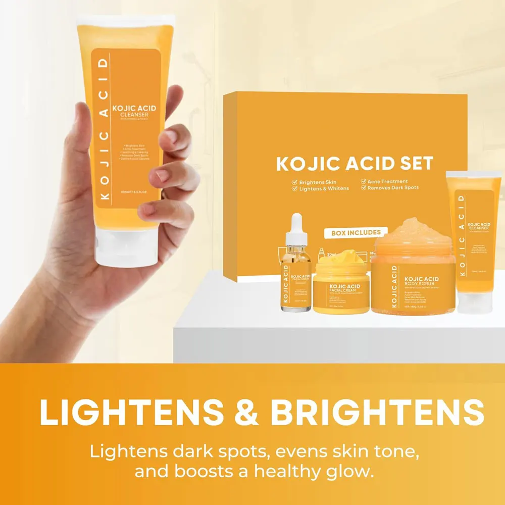 New Beauty Facial Kojic Soap Cleanser, Exfoliating Body Scrub, Face Cream & Brightening Facial Serum Kojic Acid Skincare Set
