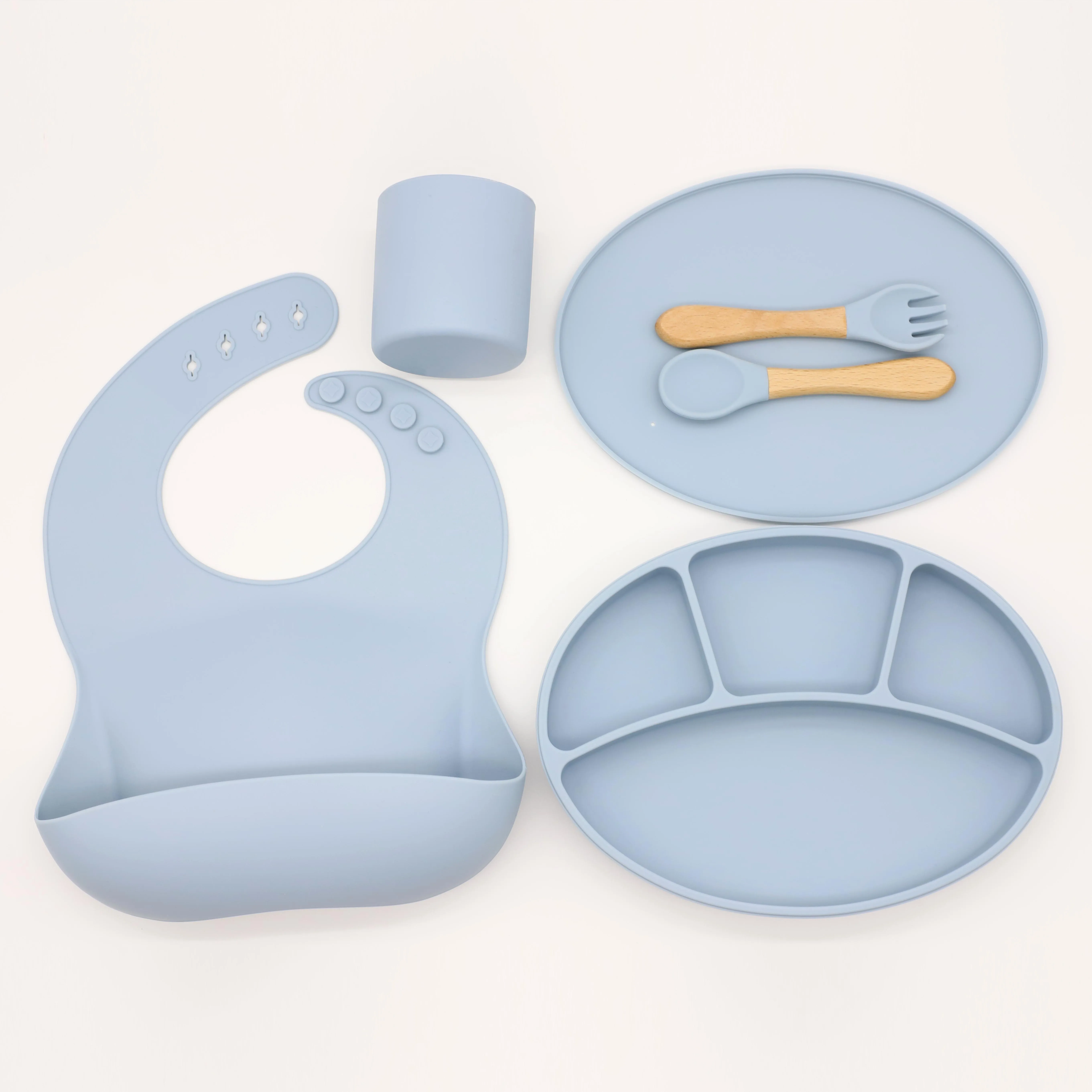 Eco choose custom logo baby tableware 6pcs/set box silicone bibs dinner suction plate water cup spoon fork set flatware