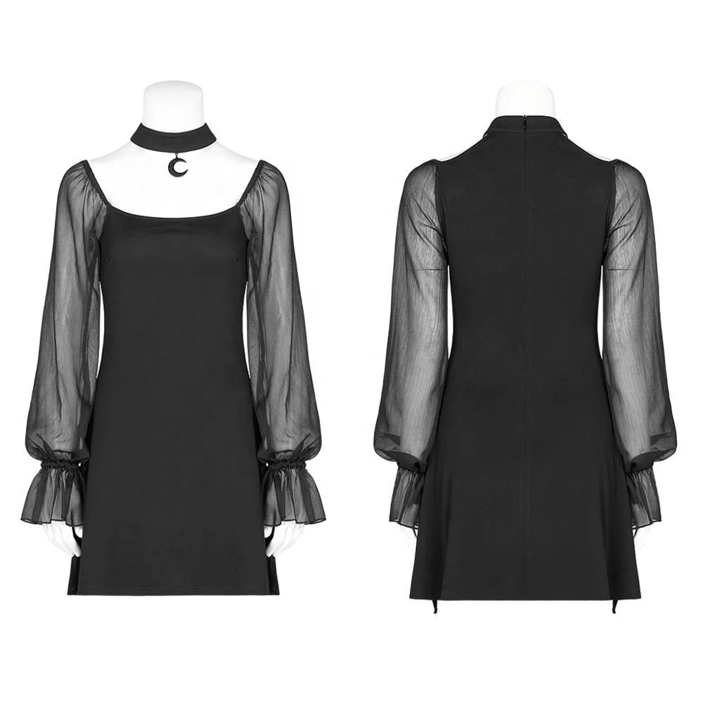 PUNK RAVE OPQ-497 Lolita Gothic Dresses Elegant Patchwork Mesh Long Sleeve Halter Black Women Mini Casual Dress