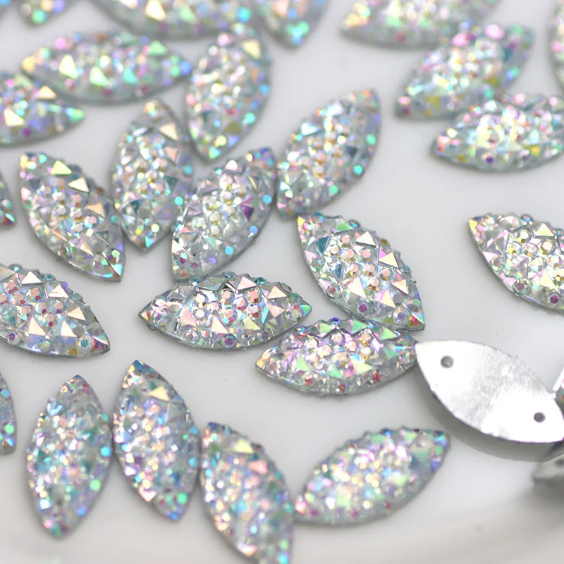 100PCS Crystal AB Resin with Hole Horse Eye Stone Rhinestone Hand-Sew on Diamond Rhinestones Clothes Shoes Bags DIY Decorative