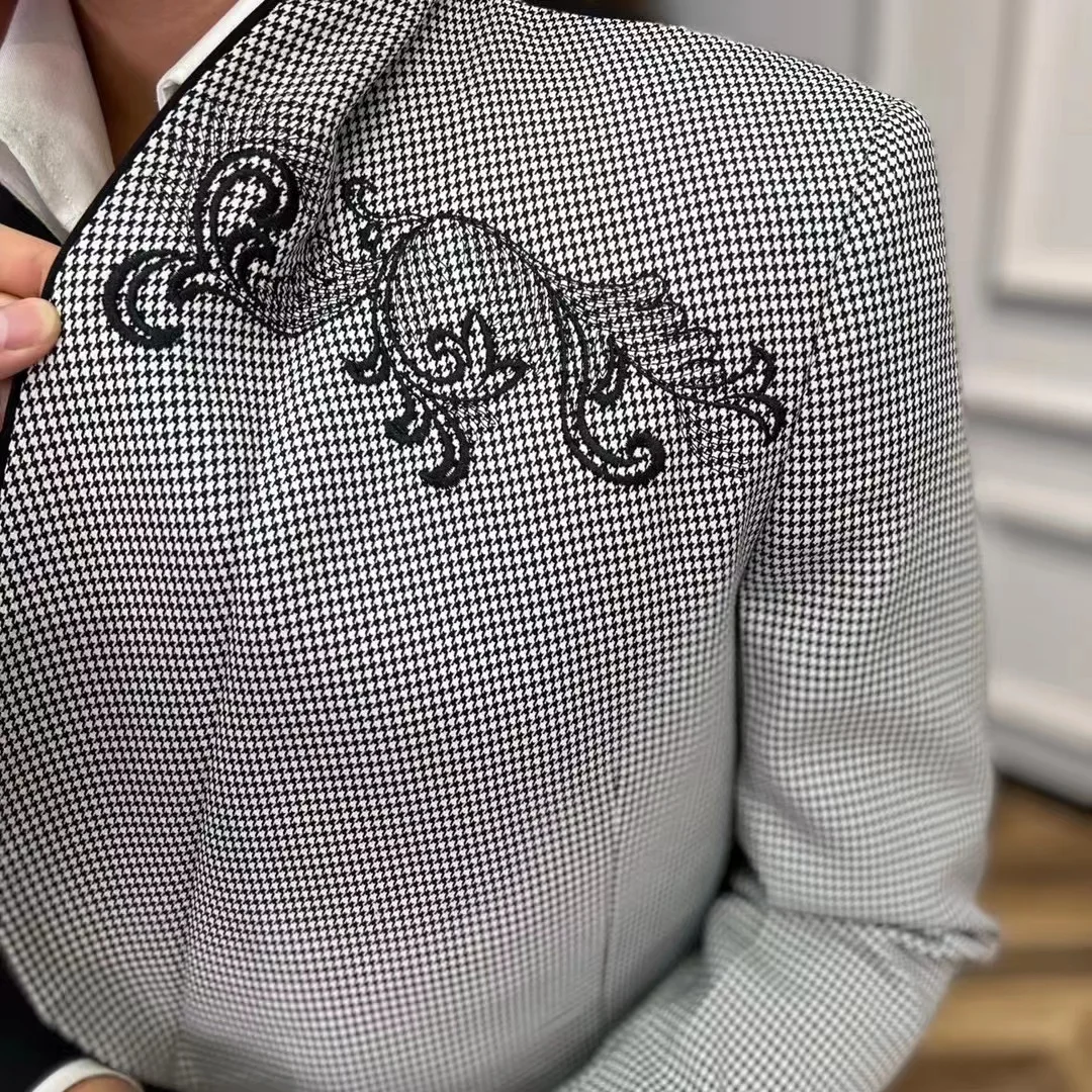 Wholesale Male Fashion Embroidered Suits Splicing Plaid Coats Belted Wedding Blazers