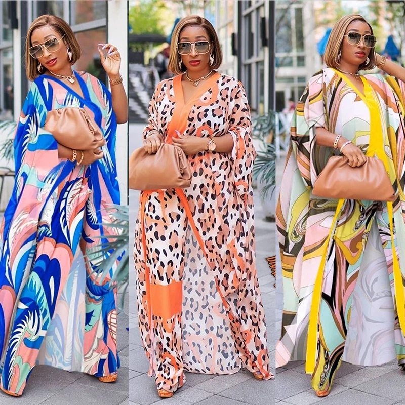 Printed Chiffon Long Cardigan Pants Two Piece Set African Clothes Women Fashion Suit