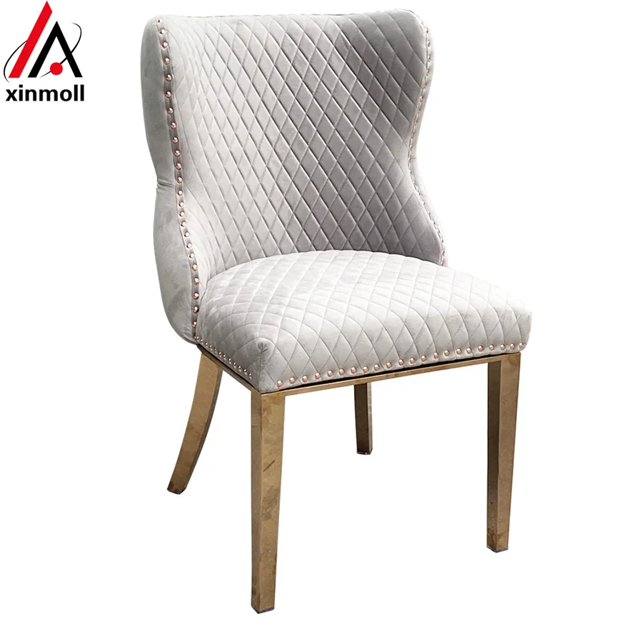 Luxury Salon chair stainless steel Velvet Upholstered Wing-Back Dining Chair with stitching Nailhead Trim & gold chrome legs