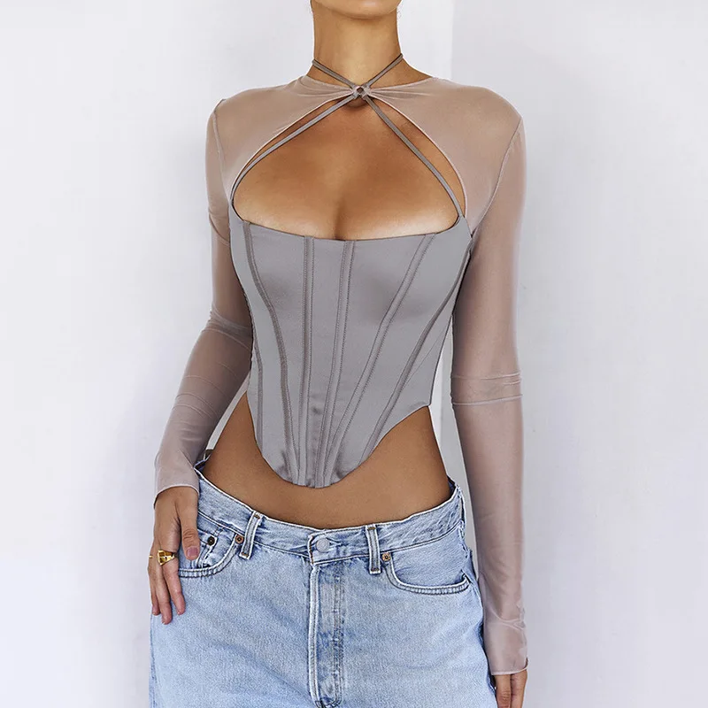 Sexy See Through Mesh T Shirts Women Gray Patchwork Long Sleeve Round Neck Bodycon Female Tops Summer Fashion Streetwear