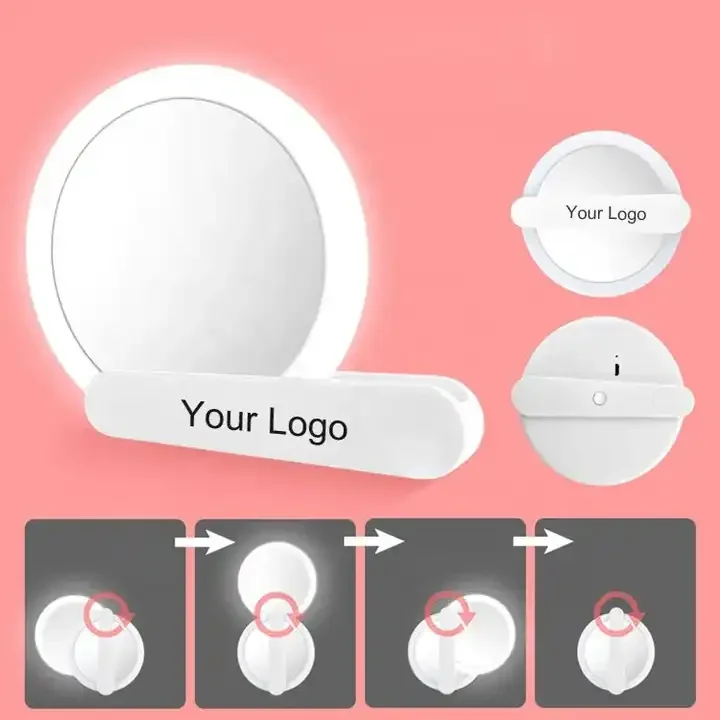 Wholesale Custom Logo Foldable Led Handheld Makeup Mirror Pocket Mirror LED Lights Travel Small Portable Makeup Mirror