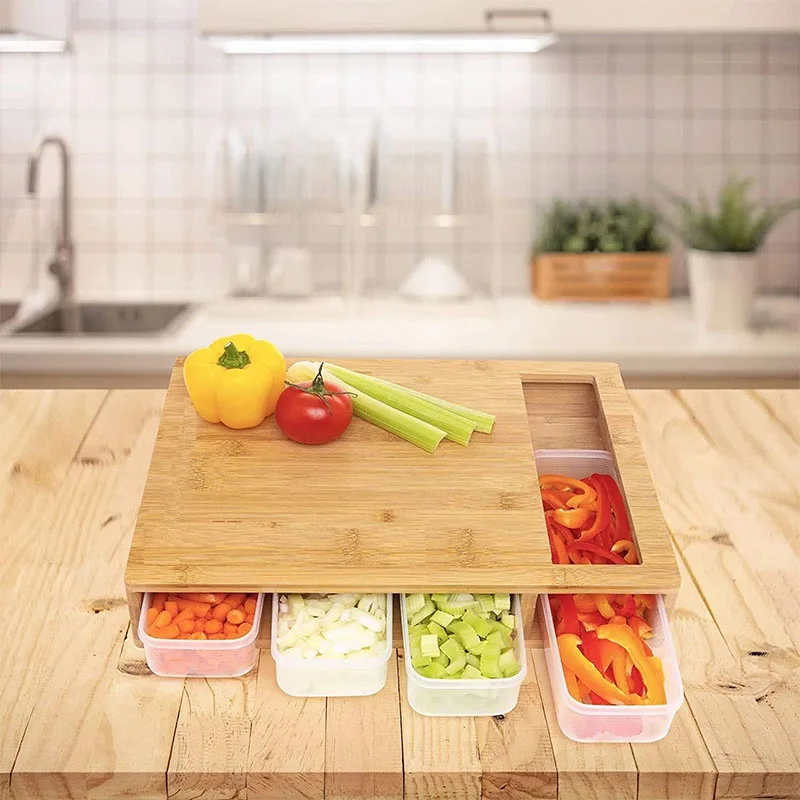 Оптовая продажа Бамбуковая разделочная доска с 4 ящиками для кухни приготовления пищи