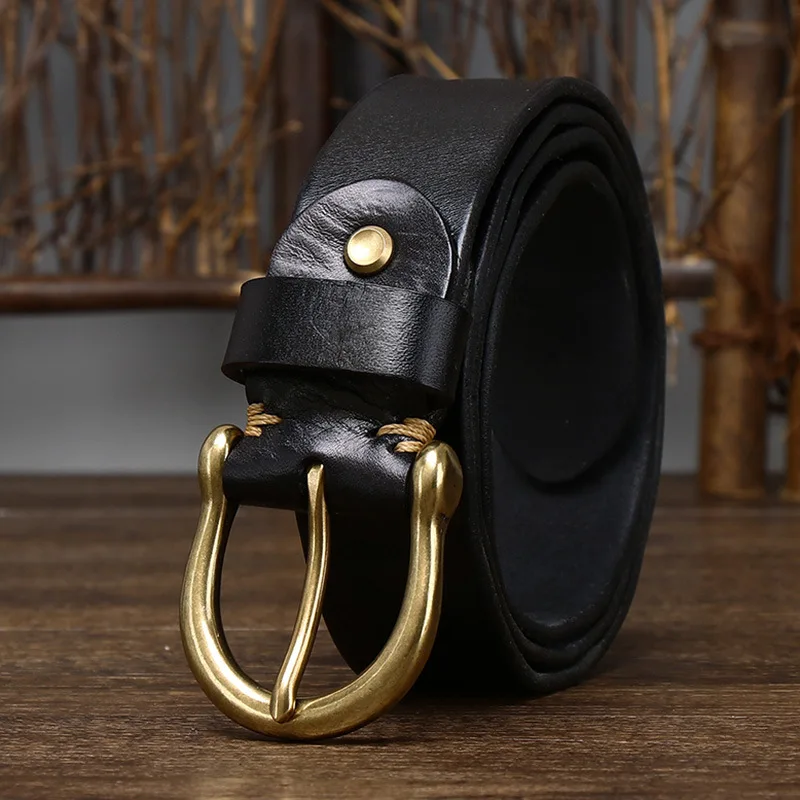 Retro fashion personality trend head layer pure cowhide leather belt male leather copper buckle Korean casual denim belt