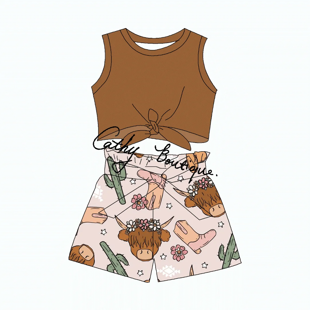 Customizable  western cow printing Kids Boutique tie crop top with shorts summer 2pcs  outfit