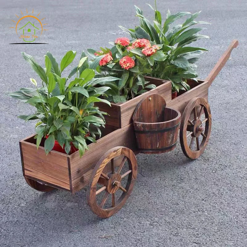 Movable Solid Wood Four-wheel Garden Rustic Wooden Flower Cart Wood Wagon Planter