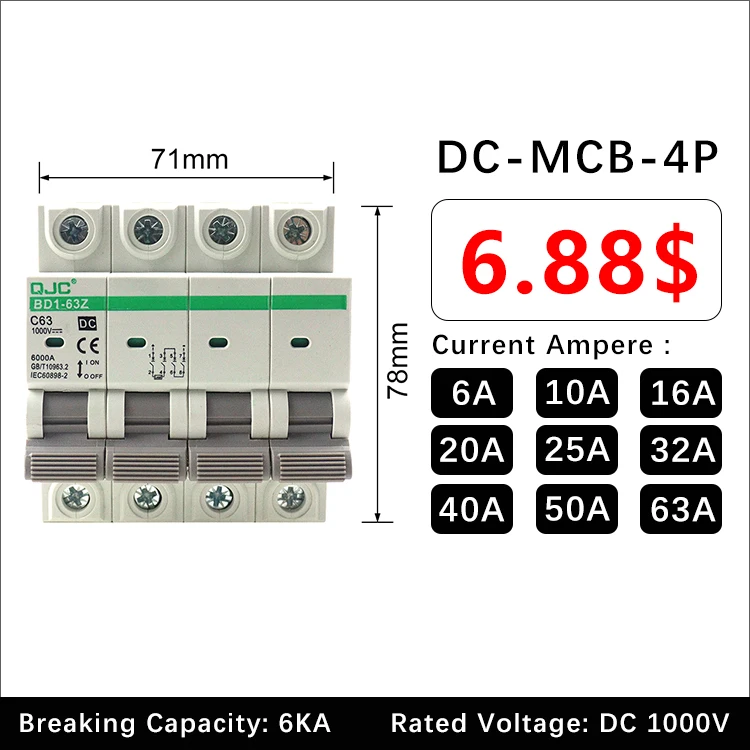Solar Energy PV MCB DC 1000V Mini Circuit Breaker Photovoltaic Power Generation Switch 2P