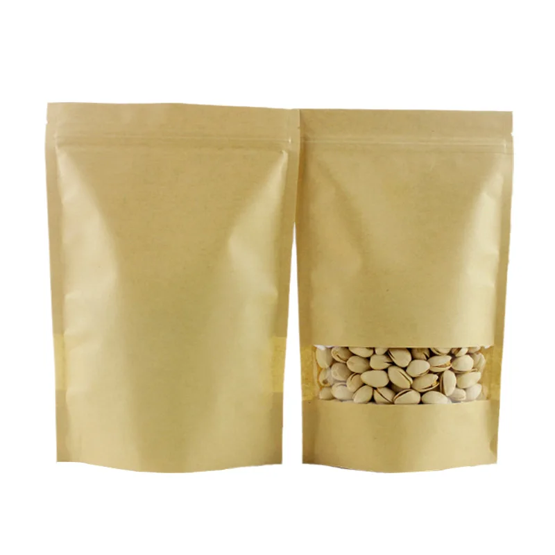 In Stock 9x14cm Waterproof Zipper Sealed Resealable Zip Lock Food Grade Ziplock Stand Up Pouch Brown Kraft Paper Bag With Window