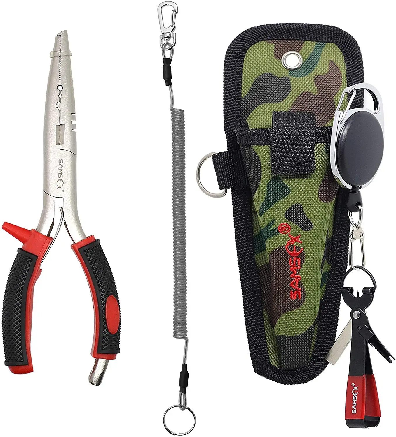 
SAMSFX Fishing Pliers with Coiled Lanyard and Camo Sheath 7 inches Fishing Pliers with Quick Knot Tool 