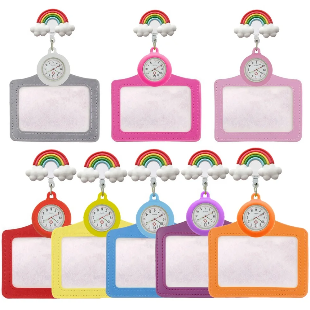 Rainbow Cloud Pattern Nurse Doctor Hospital Retractable FOB Pocket Watches 2 in 1 Women Clips Badge Reel ID Name Cards Holders