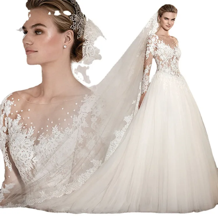 Лидер продаж роскошное белое кружевное свадебное платье с длинным рукавом