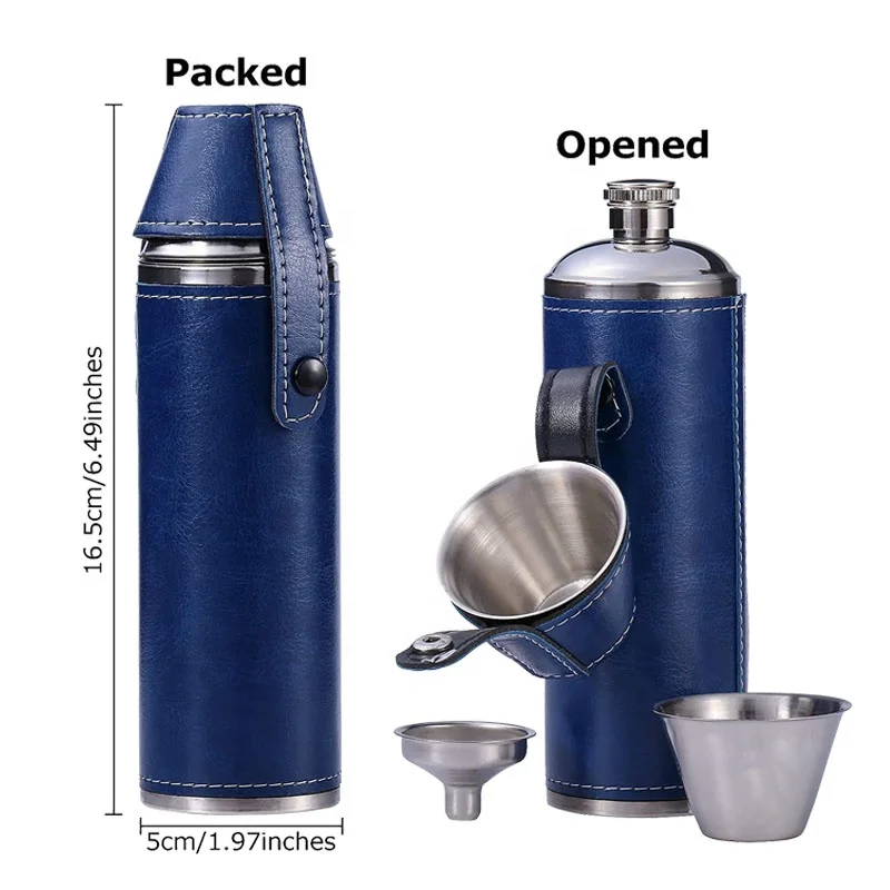 Stainless Steel Cylinder 10oz  Hip Flask Leather Wrapped  Cylindrical Hip Flask with Cup