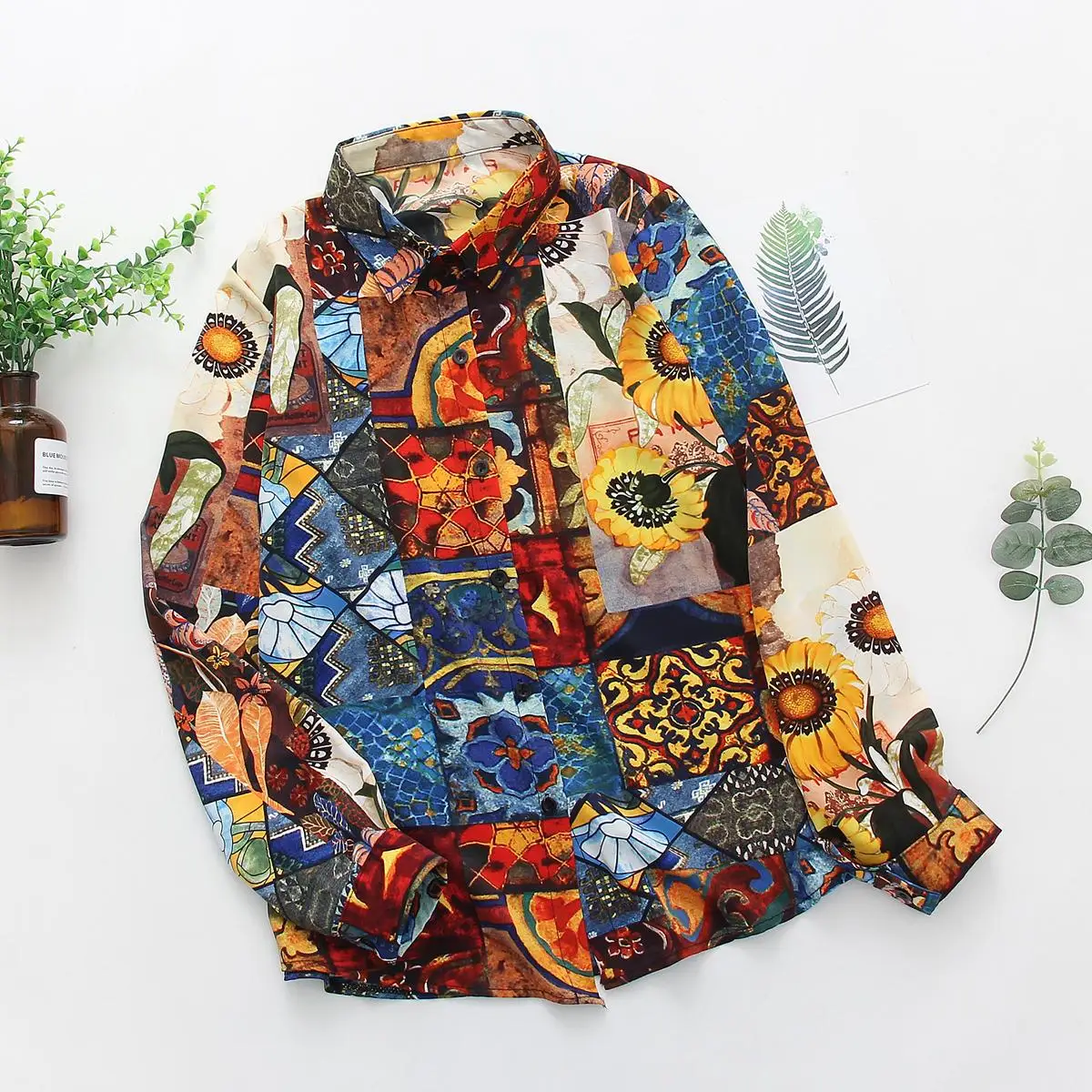 Vintage Women Blouses sunflower oil painting Hawaii shirts 2020 Spring Autumn Long Sleeve Shirt Camisas Tops Mujer blusas