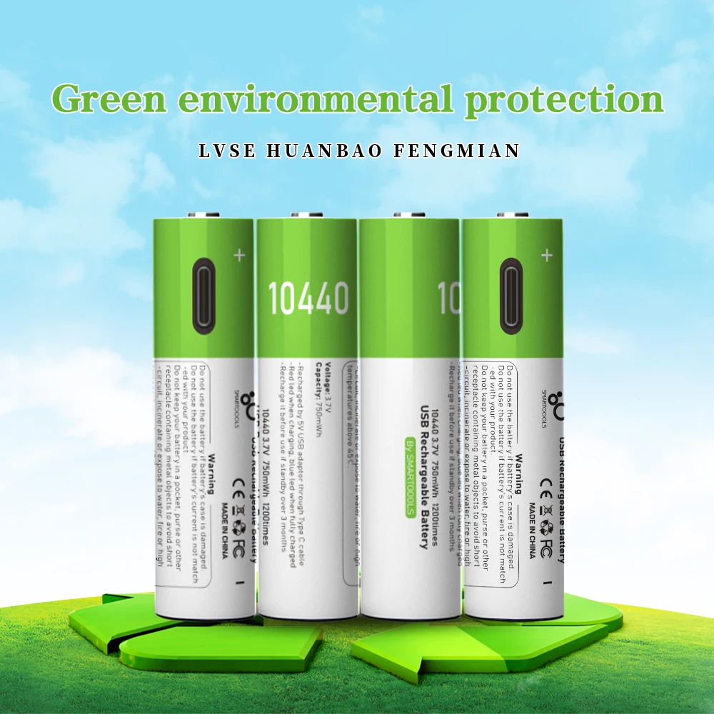Pre-Charged 3.7V 750mAh Over 1000 Cycles Lithium Ion 10440 Battery USB Rechargeable Batteries With Type-C Cable