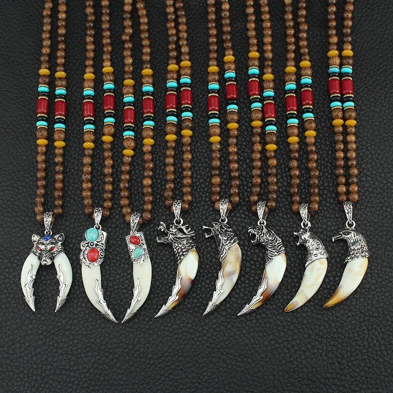 NUORO Vintage Ethnic Brave Men Lucky Amulet Pendant Necklace Wooden Bead Sweater Chain Wolf Gog Teeth Spike Pendant Necklace