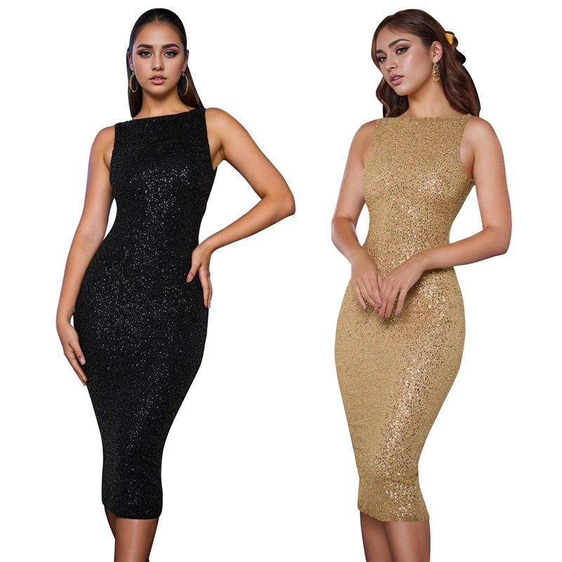 2024 new design women ladies black golden sequin bling elegant party formal prom evening midi dress for ladies women elegant