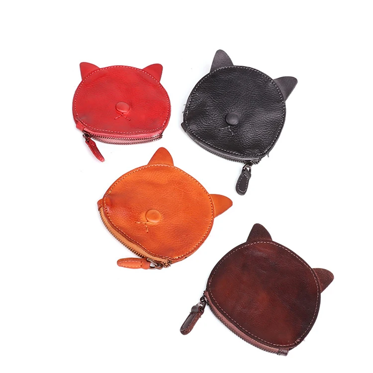 Vegetable Tanned Leather Retro Cat Shape Coin Purse Multifunctional Lady Leather Coin Storage For Wholesale