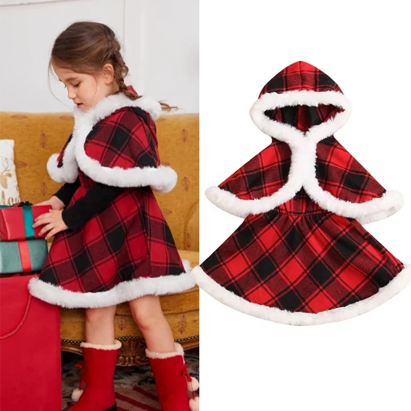 2022 Baby Winter Clothes Set Christmas Outfits Hooded Cloak Plaid Dress 2PCS Clothing Children Costume Kids Girls Wear