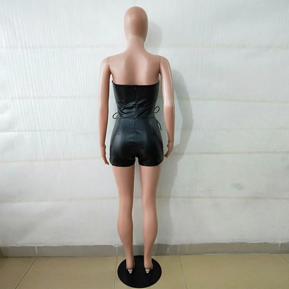 Wholesale S-XL 2024 summer hot sexy club wear strapless pu leather lace up shorts jumpsuit