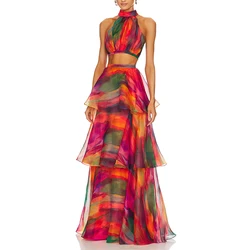 Самое популярное летнее Новое Женское Платье с принтом сексуальное длинное платье без рукавов с оборками