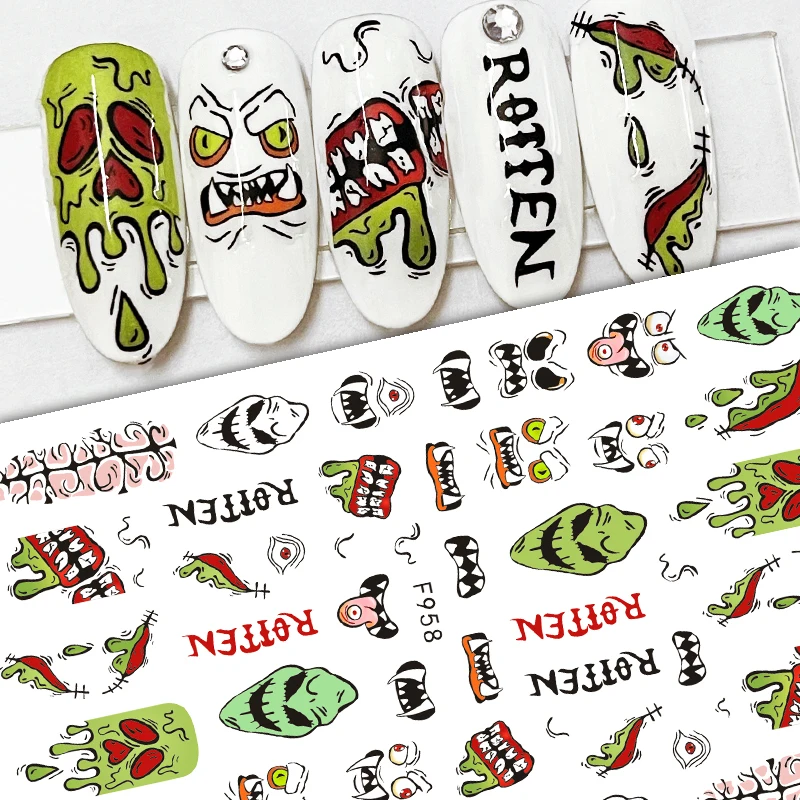 F series Hot-sale 3D Halloween Ghost Cute Skull Pumpkin  Mixed Color Black Cat Nail Sticker Decals For Nail Art Decoration