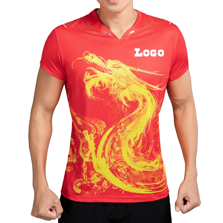 Lidong custom dtg printing Chinese Dragon style sports t shirts Ping-Pong ball team wear mesh fabric moisture wicking t-shirt