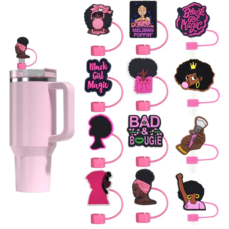 Custom 10mm Straw Cover Cap Reusable Dust Proof Straw Tips Lids Black Pink Beautiful Girl Cartoon Cute Straw Toppers For Tumbler