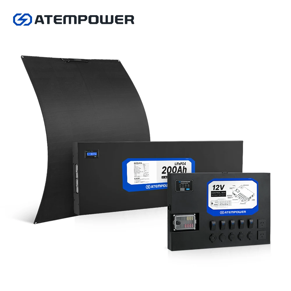 ATEM POWER Camping Dual Battery System Included 200W Flexible Solar Panel 12V Control Hub Box And 200AH LIFEPO4 Battery