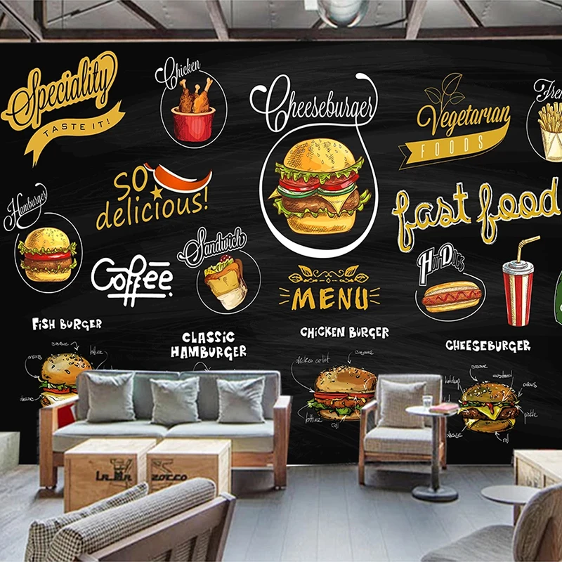 Custom Mural Hand Painted Blackboard Pizza Hamburger 3D Photo Wallpaper Kitchen Restaurant Background Wall Decor Papier Peint
