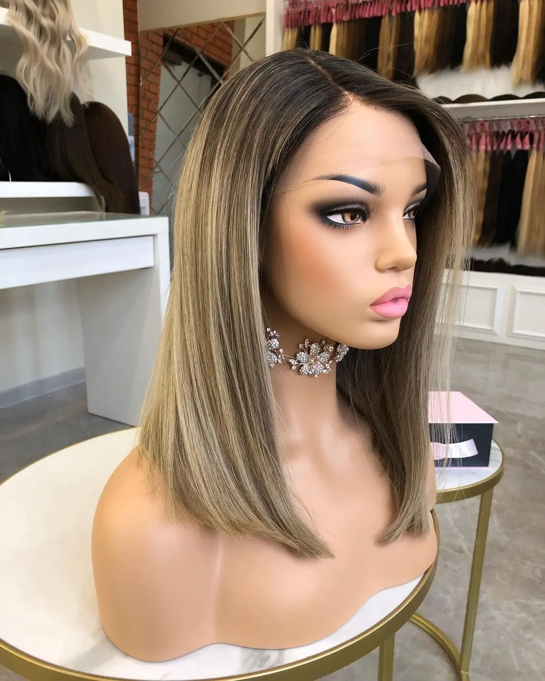 Ready To Ship 100% European Human Hair Ombre Brown Dyeing Bob Cut Silk Straight Transparent 5*5 Lace Closure Wigs For Women