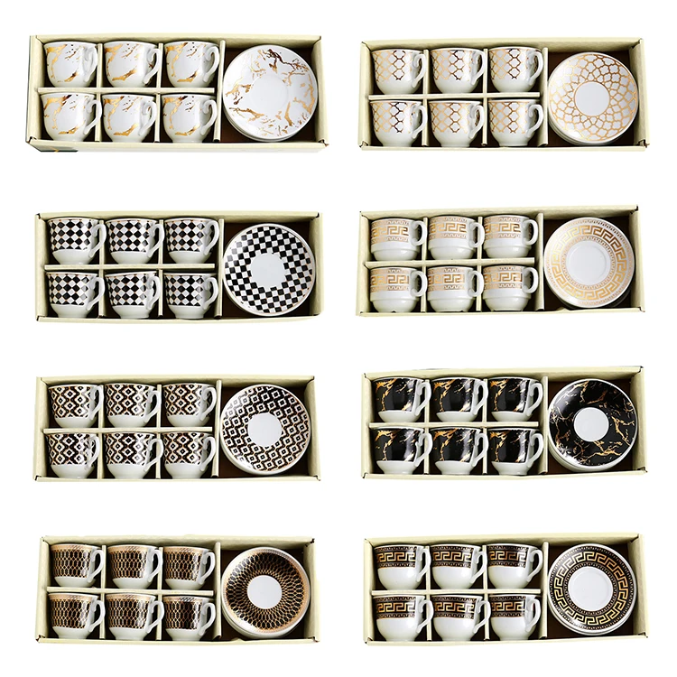 New European Ceramic Mugs Luxury Coffee Table Gift Box Set of 6 Vintage Arabic Coffee Tea Cup and Saucer Set