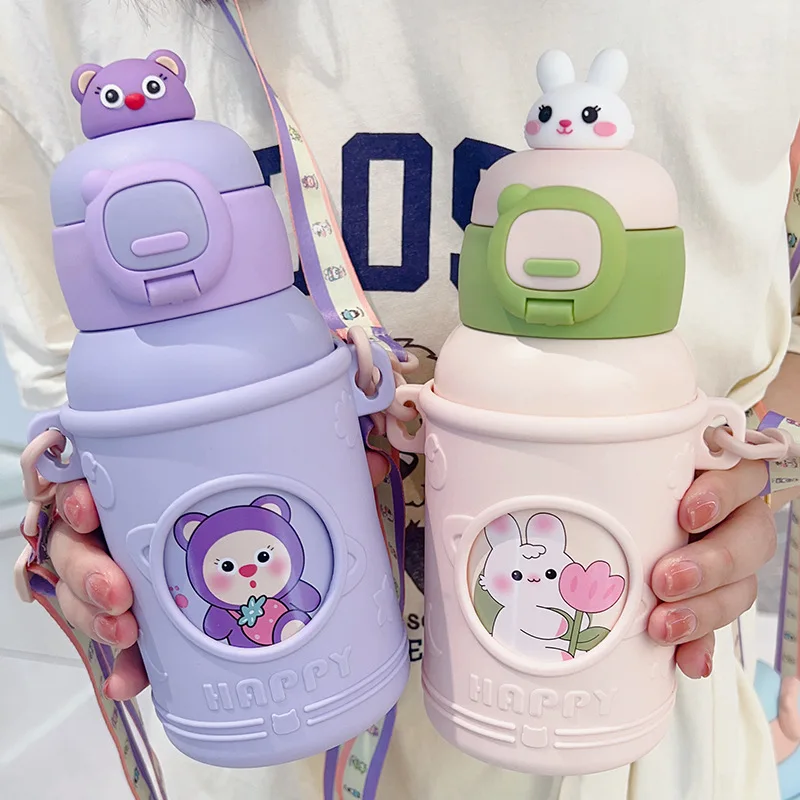 Seaygift kawaii 3D resin stickers children stainless steel water bottle shoulder strap baby girls boys thermos cup with straw