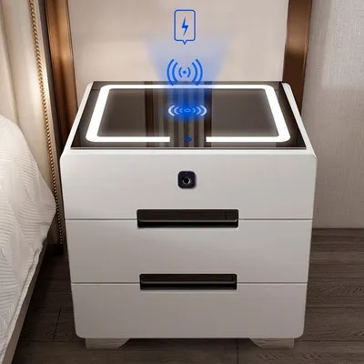 Smart Bedroom Furniture Metal Side Table Modern Fingerprint Lock Led Night Light Bedside Table With Three Drawer