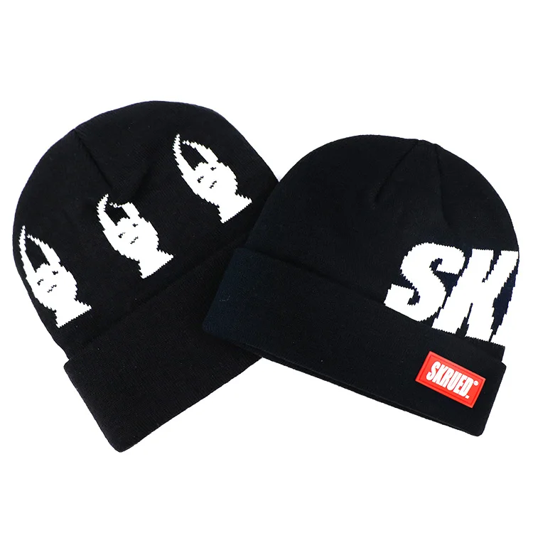 Hengxing christmas men women winter warm black white jacquard custom rubber patch logo knitted beanie