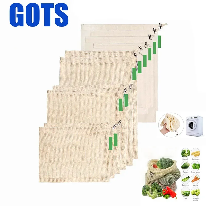 Rpet Eco Friendly Net Canvas Bags For Vegetable Fruit Mesh Bags Organic Cotton Reusable Mesh Produce Bags