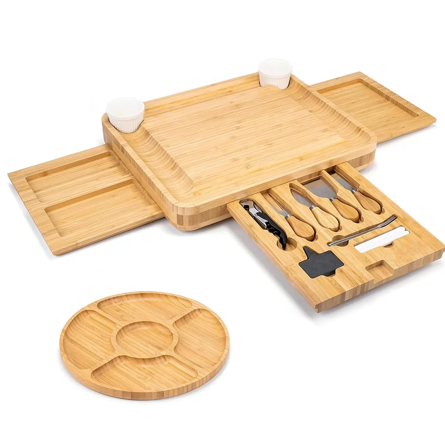 Bamboo Cheese Board and Knife Set Extra Large Charcuterie Platter Set 3-sided Serving Tray with Kitchen Accessories