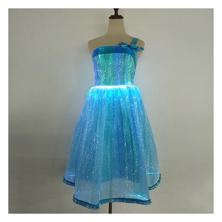 blue 3 color changeable chase led fashion luminous glitter fiber optic dress for performance and event party lighting