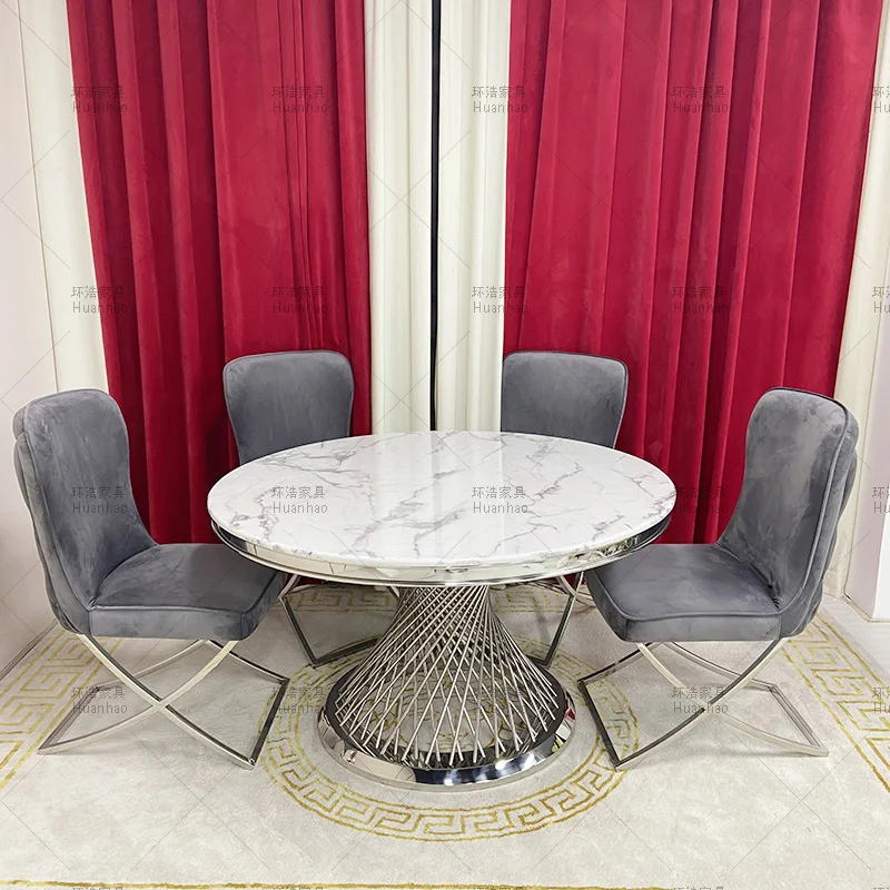 Modern luxury Italy wholesale high quality factory direct dining room silver marble top round 6 8  seater dining tables sets