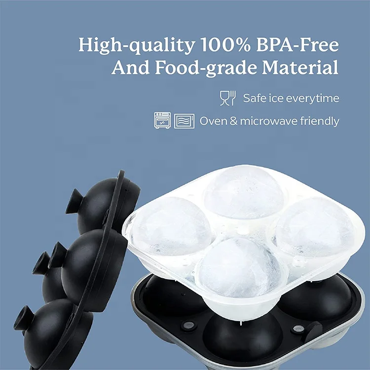 Easy Filling 4 Cavity Large Sphere Ice Mold Round Ice Cube Mold New Ice Cube Sphere Mold for Cocktails Bourbon