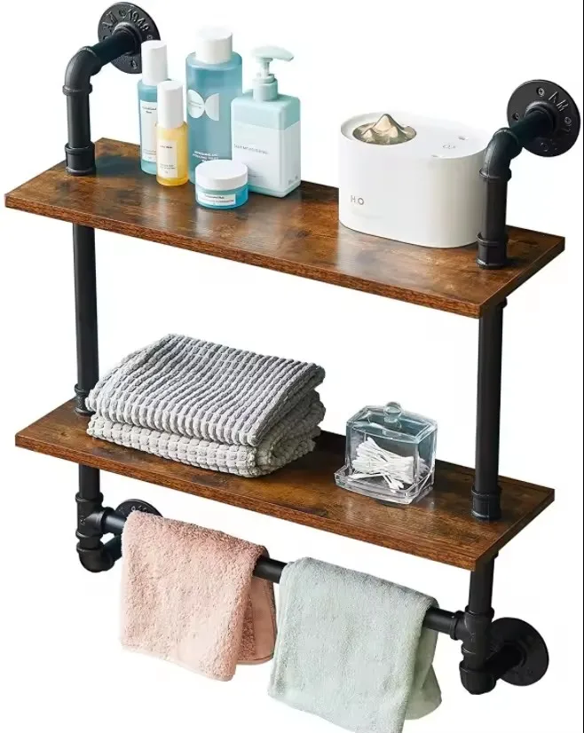 2 Tiers Industrial Matte Black Pipe Floating Shelves with Towel Bar, 24 Inch Farmhouse Vintage Style Shelf for Bathroom