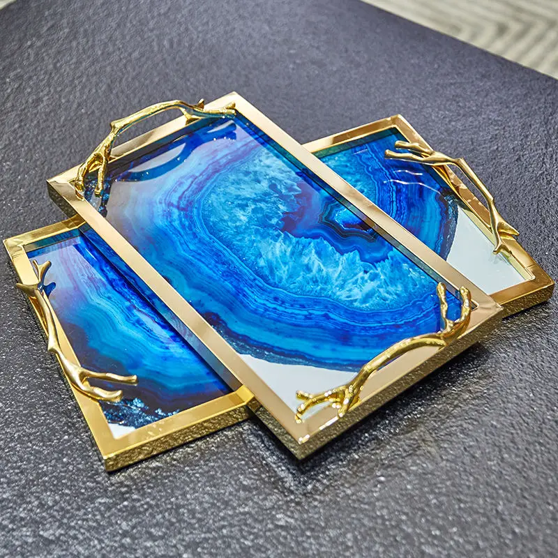 modern table decoration handle tray gold iron blue agate glass serving tray