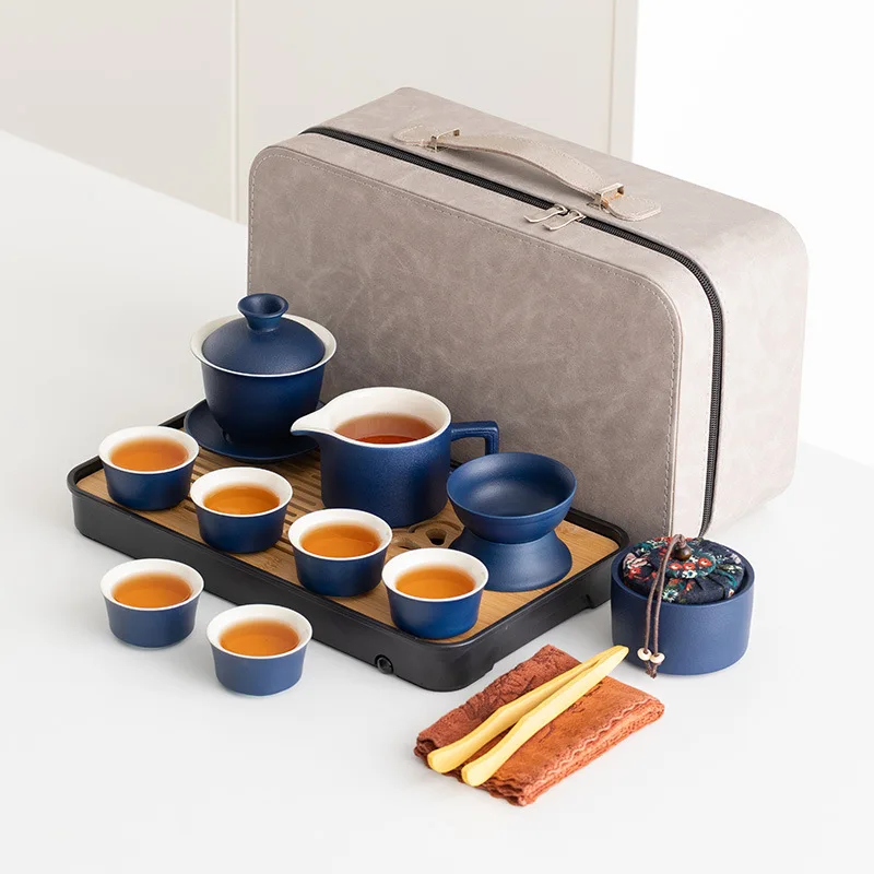 14 Piece Porcelain Tea Set With grey Leather Case Portable Kungfu Tea Set with Bamboo tea tray for Business,Home and Hotel