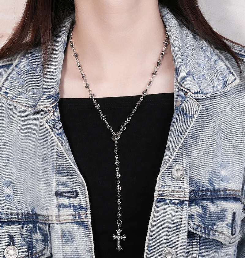 Vintage Punk Adjustable Push-Pull Gold Silver Plated Gothic Brass Cross Pendant Necklace for Men and Women