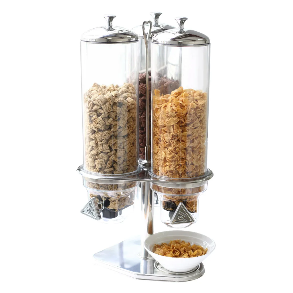 Sunnex Classic Space Saving Rotating Triple Tubes Cereal Dispensers for Hotel Buffet Restaurant Damp-proof Snacks Container